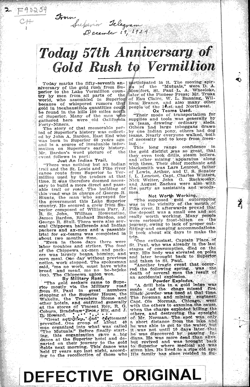 Today 57th anniversary of gold rush to Vermillion Source: Superior Telegram Topics: Industry Date: 1924-12-19