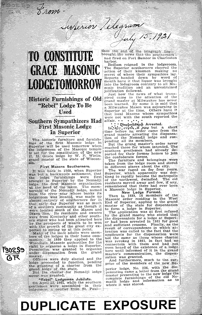 To constitute grace Masonic loodge tommorrow Source: Superior Telegram Date: 1921-07-15