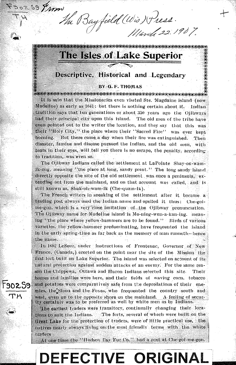  Source: Bayfield Press Date: 1907-03-22