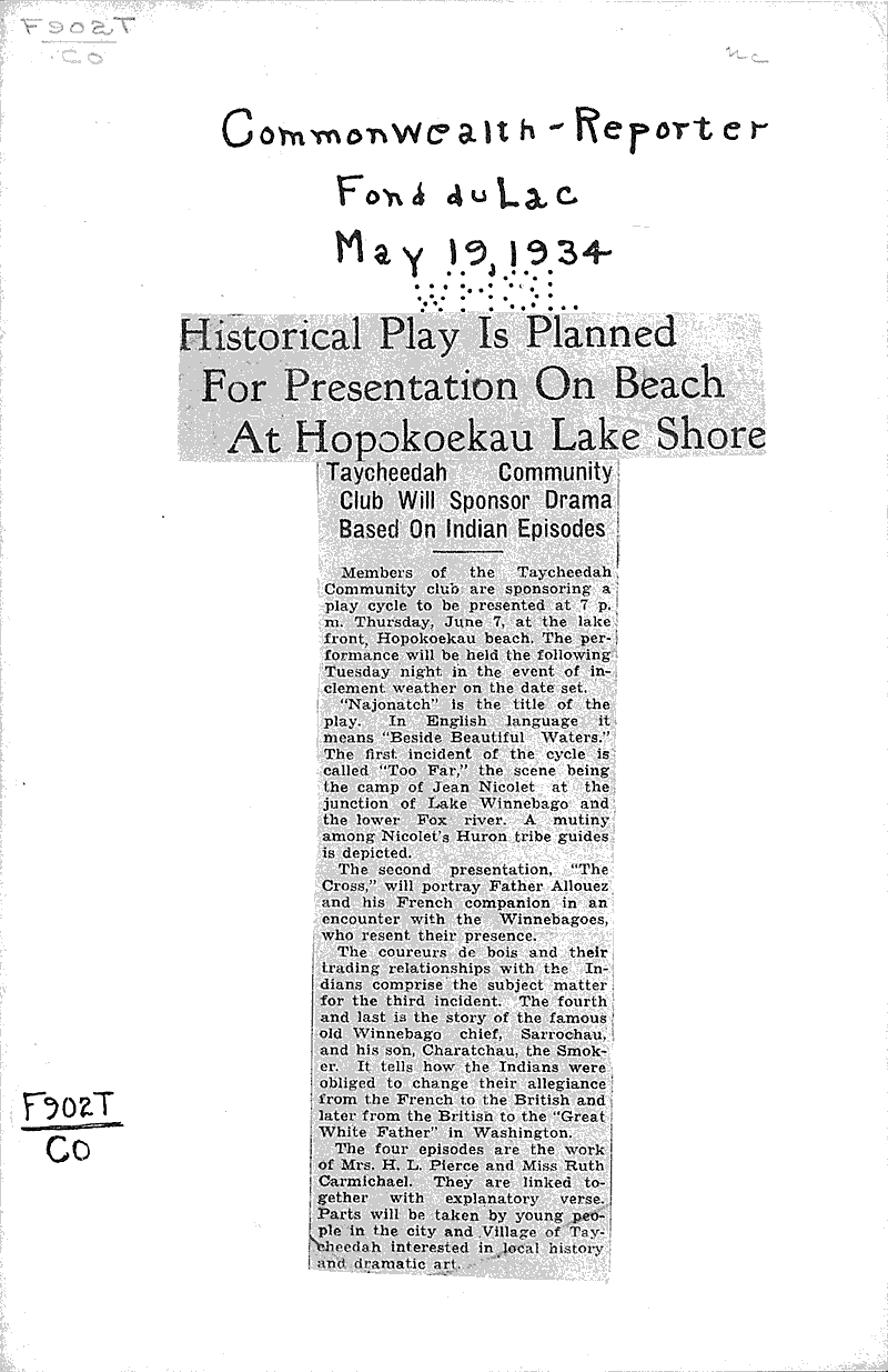  Source: Fond du Lac Commonwealth-Reporter Topics: Indians and Native Peoples Date: 1934-05-19