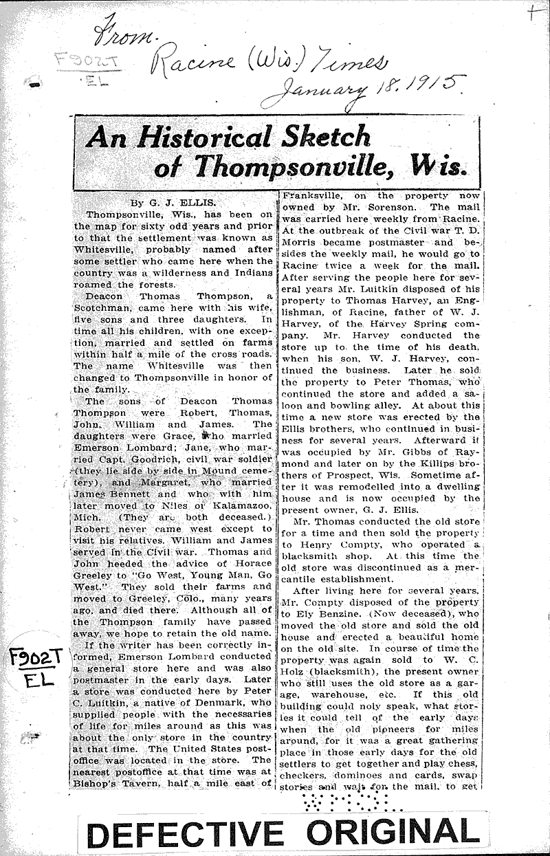 Historical sketch of Thompsonville, Wis. Newspaper Article/Clipping
