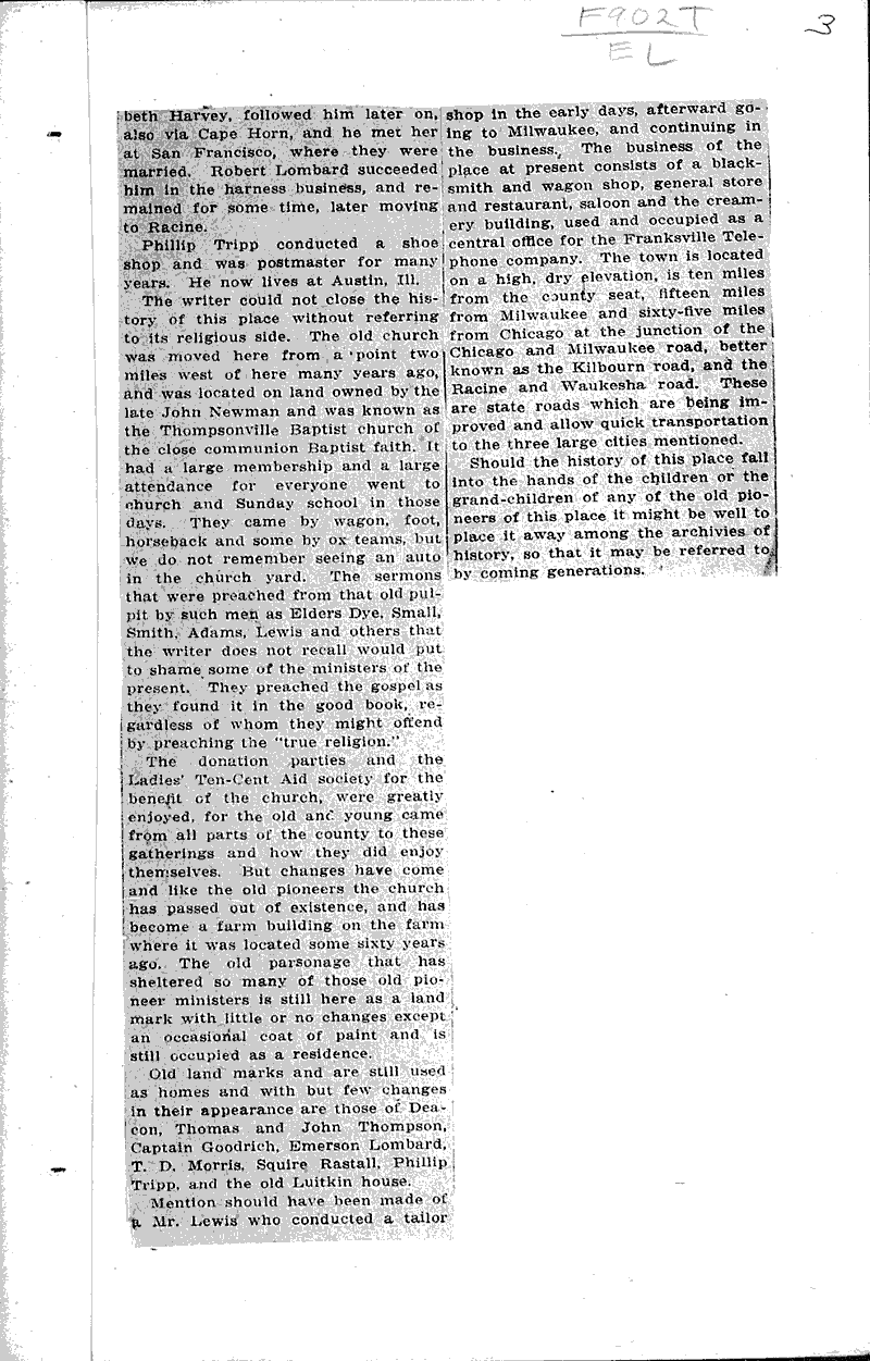 Historical sketch of Thompsonville, Wis. Newspaper Article/Clipping