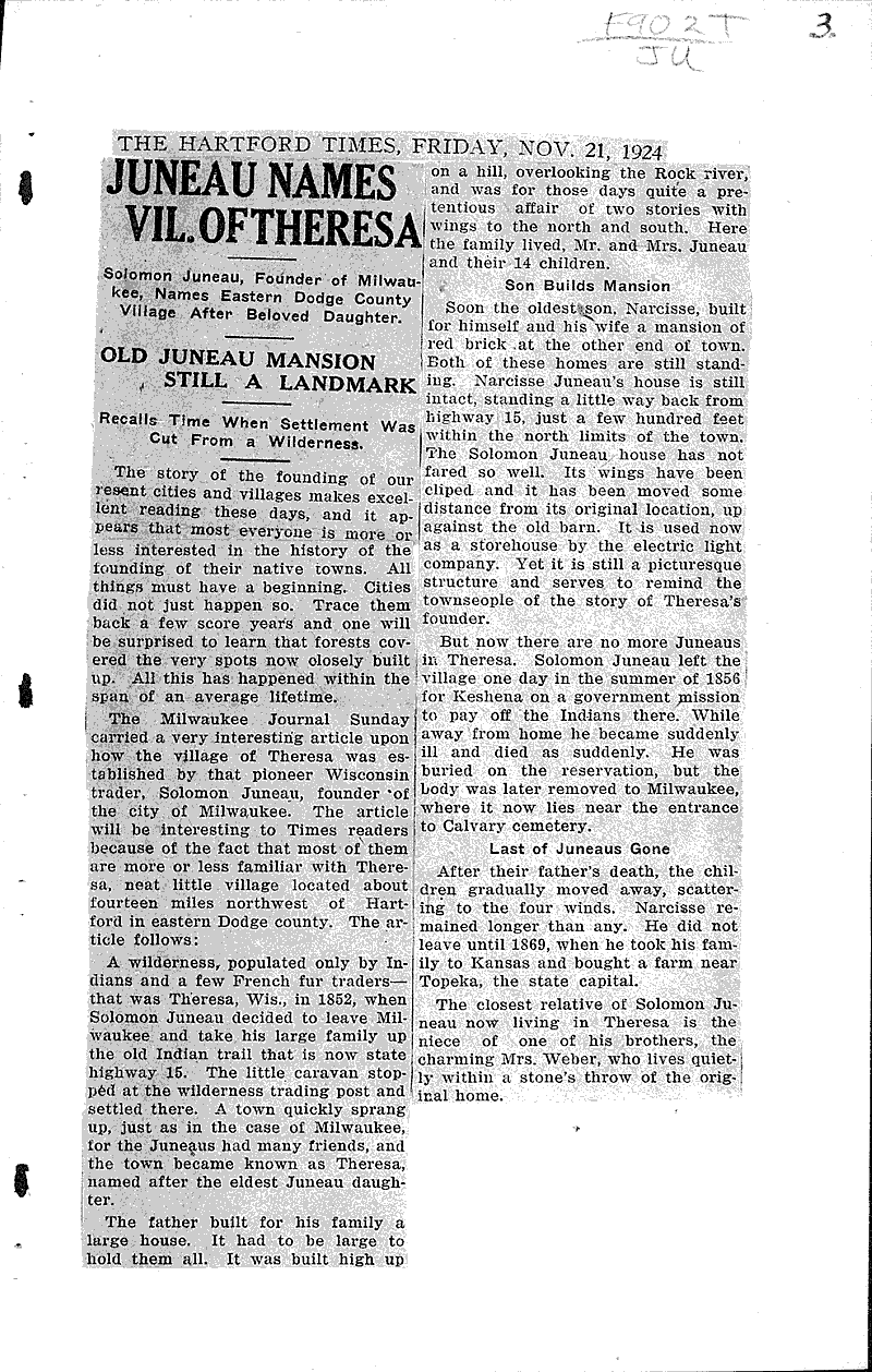 Juneau names vil. of Theresa Newspaper Article/Clipping Wisconsin