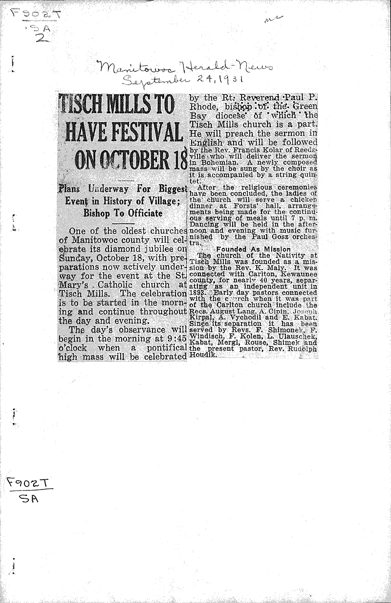  Source: Manitowoc Herald-News Topics: Church History Date: 1931-09-24