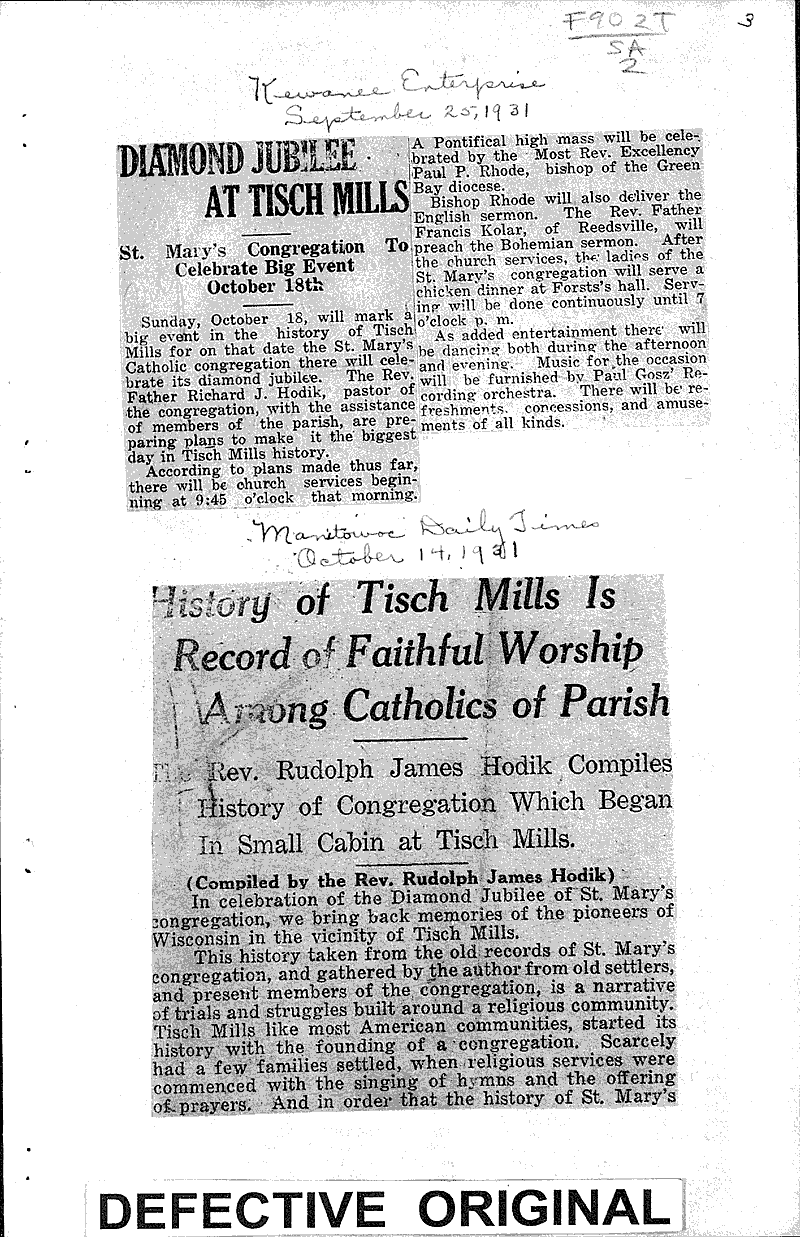 Source: Manitowoc Daily Times Topics: Church History Date: 1931-10-14