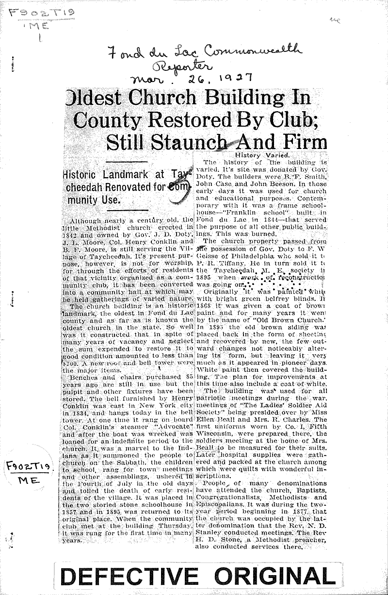  Source: Fond du Lac Commonwealth Topics: Church History Date: 1927-03-26