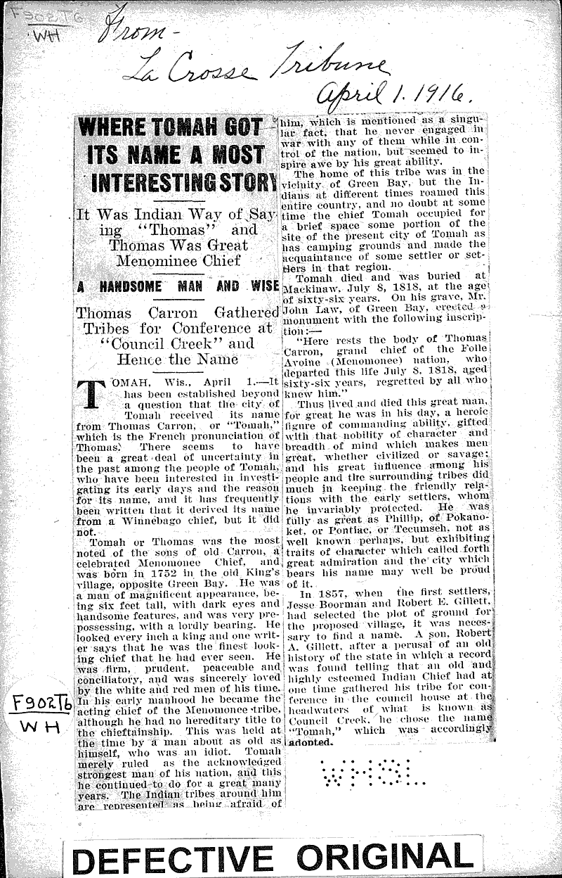  Source: La Crosse Tribune Topics: Indians and Native Peoples Date: 1916-04-01