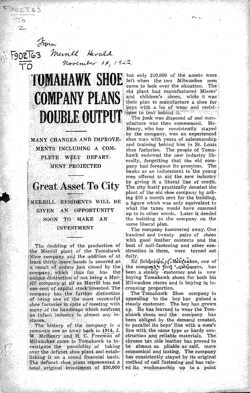 Tomahawk shoe company plans double output Source: Merrill Herald Date: 1922-11-18