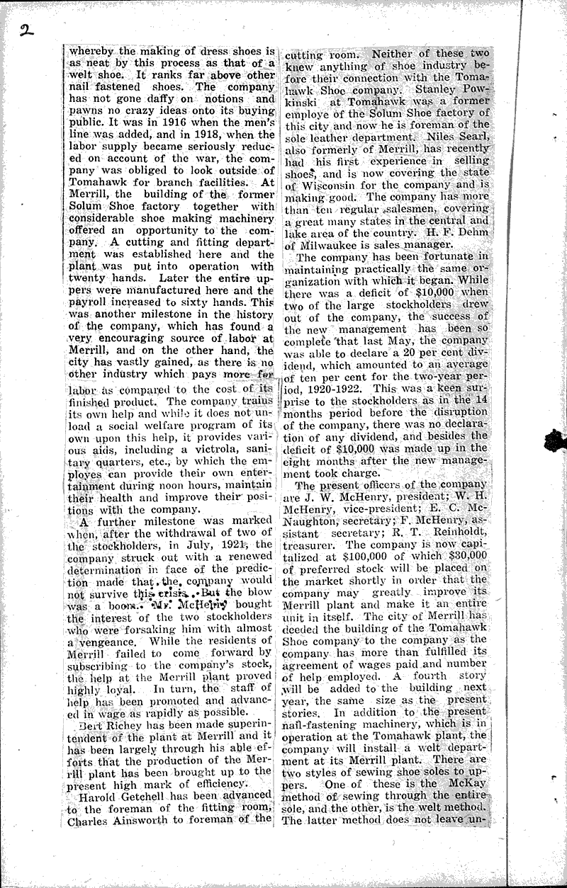 Tomahawk shoe company plans double output Source: Merrill Herald Date: 1922-11-18