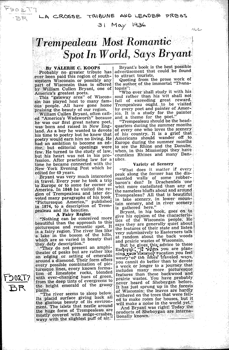 Trempeleau most romantic spot in world, says Bryant Newspaper Article