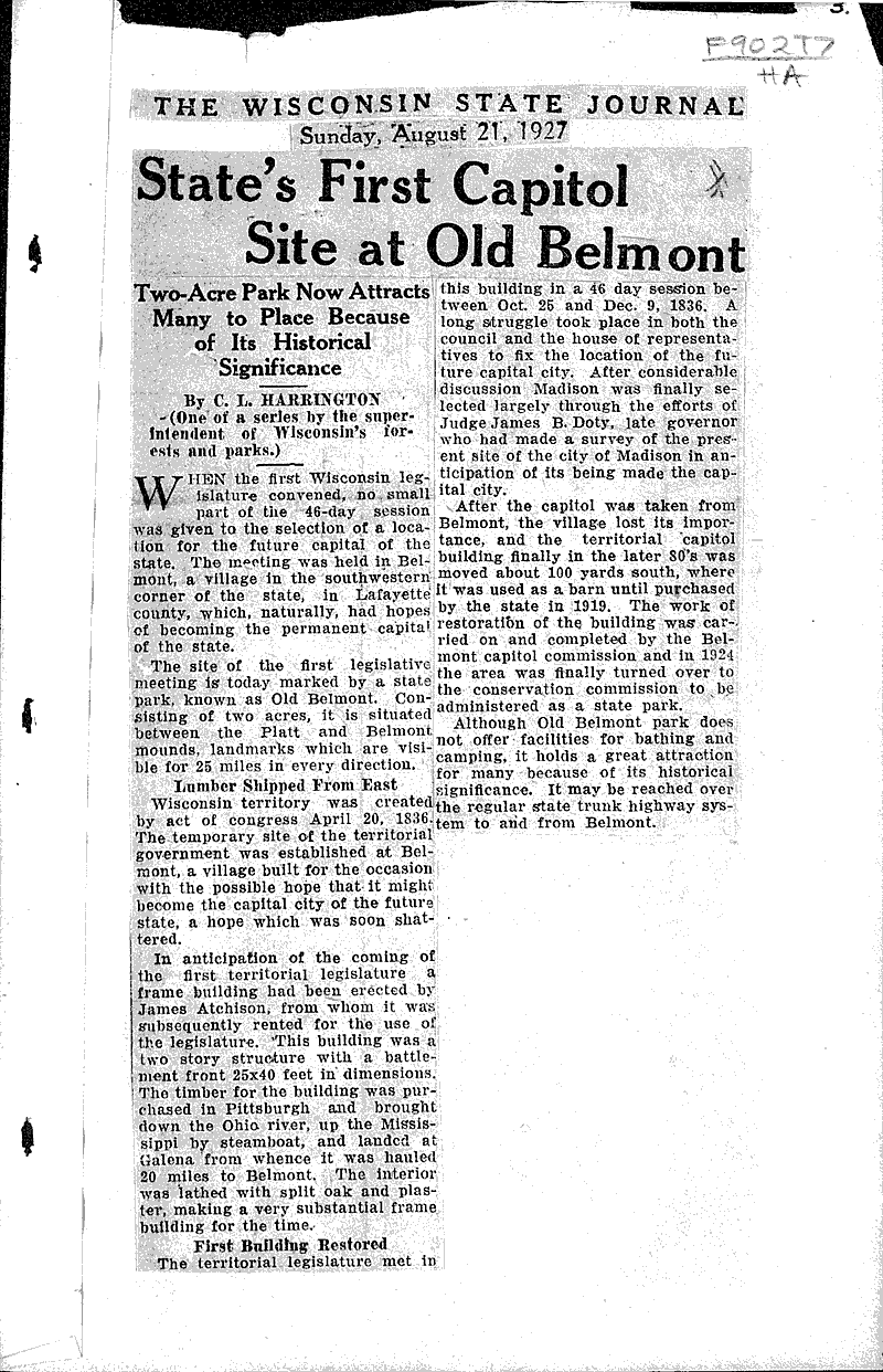 State's first capitol site at old Belmont Newspaper Article/Clipping