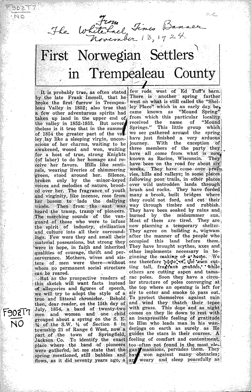 First Norwegian settlers in Trempealeau County Newspaper Article