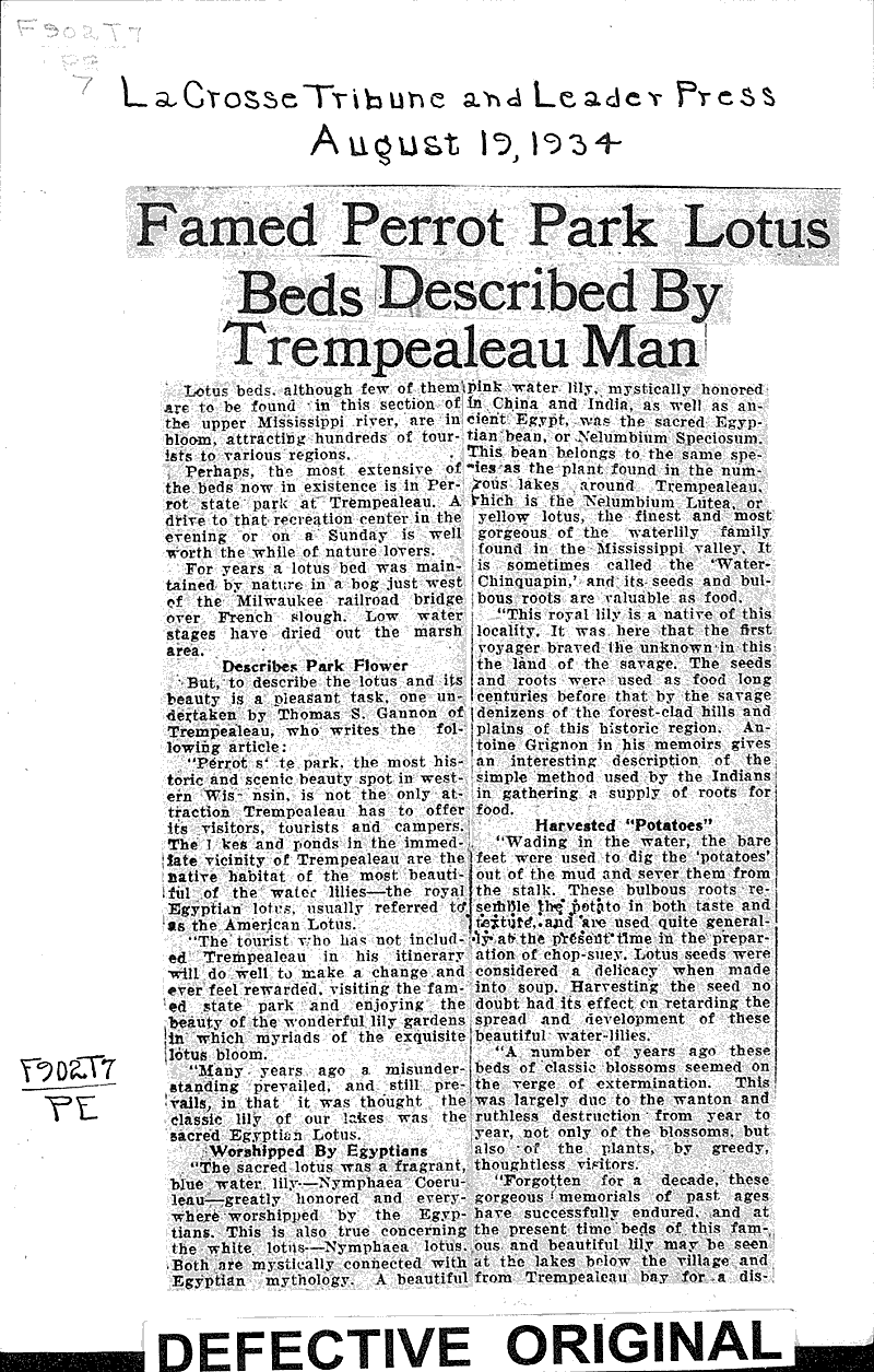 Famed Perrot Park lotus beds described by Trempealeau man Source: La Crosse Tribune and Leader-Press Date: 1934-08-19