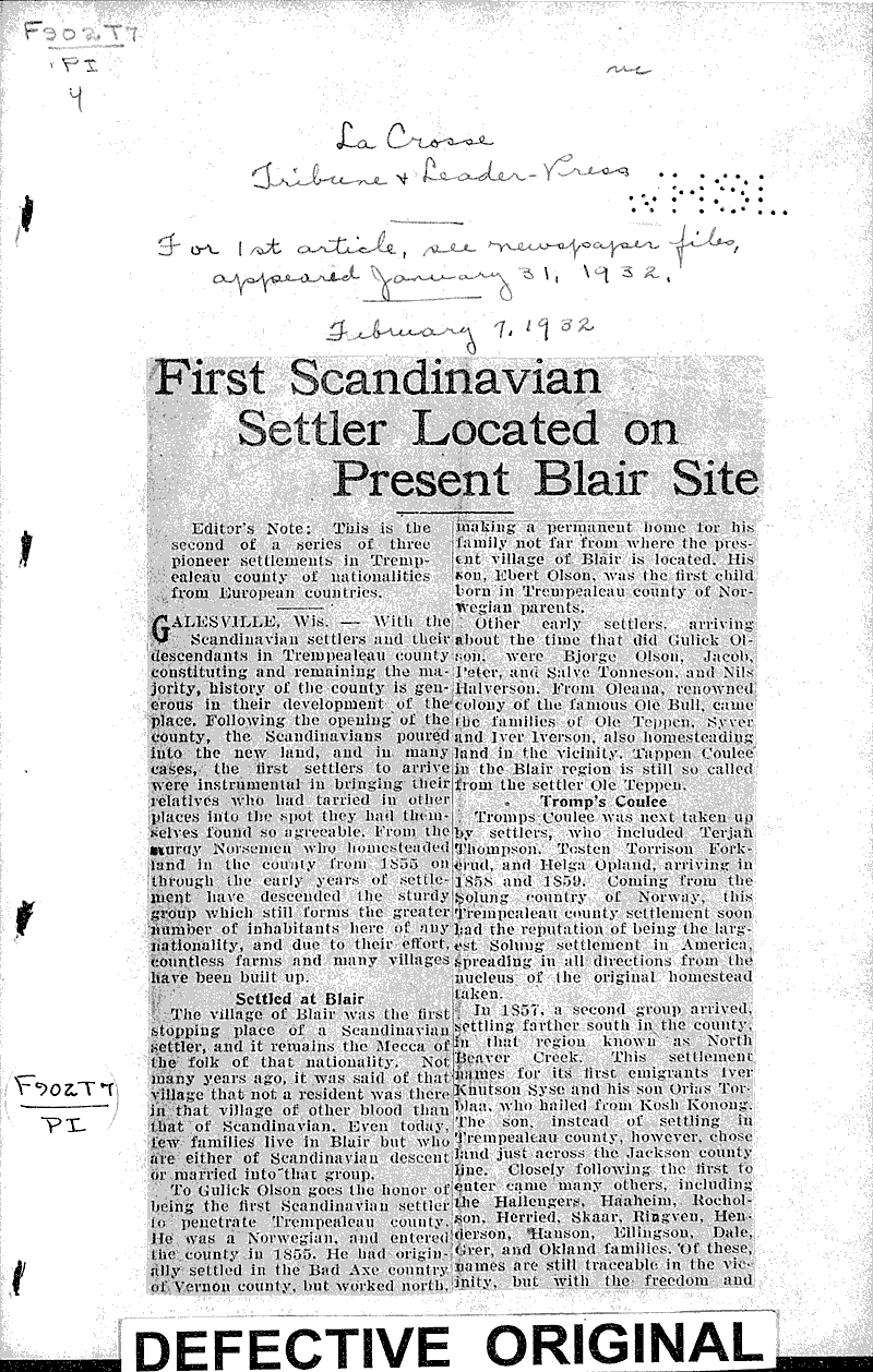  Source: La Crosse Tribune and Leader-Press Topics: Immigrants Date: 1932-01-31