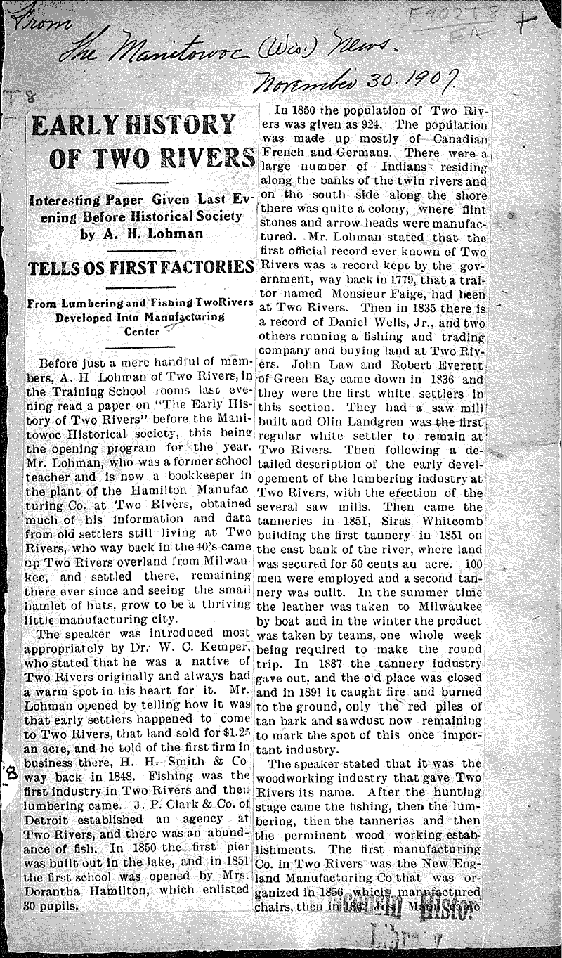 Early history of Two Rivers Newspaper Article/Clipping Wisconsin