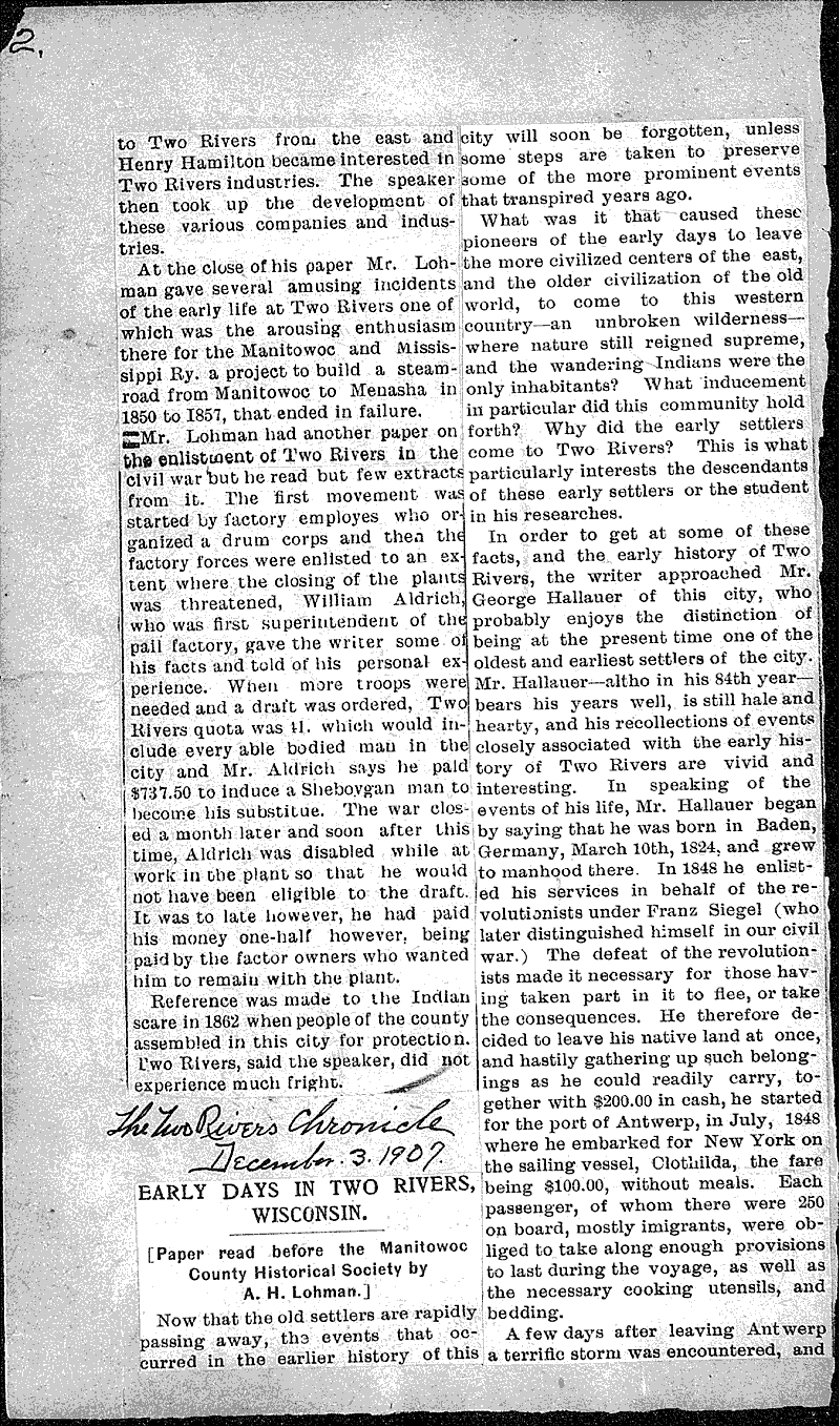 Early history of Two Rivers Newspaper Article/Clipping Wisconsin