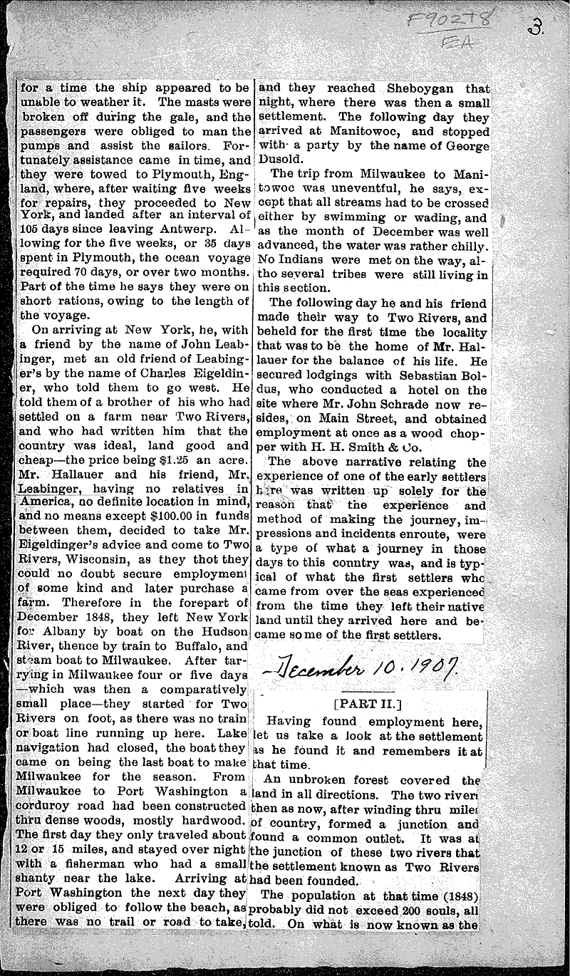 Early history of Two Rivers Newspaper Article/Clipping Wisconsin
