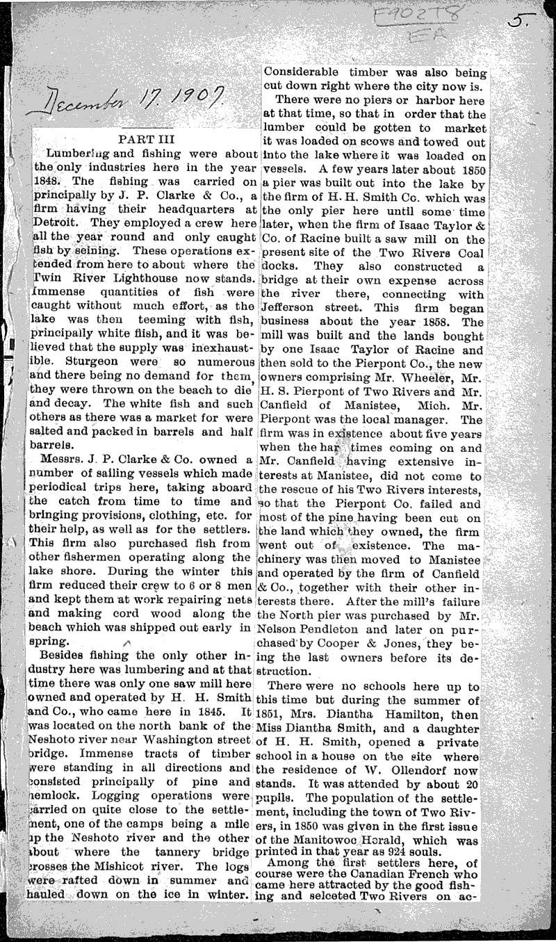 Early history of Two Rivers Newspaper Article/Clipping Wisconsin