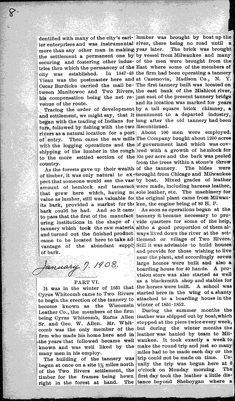 Early history of Two Rivers Newspaper Article/Clipping Wisconsin