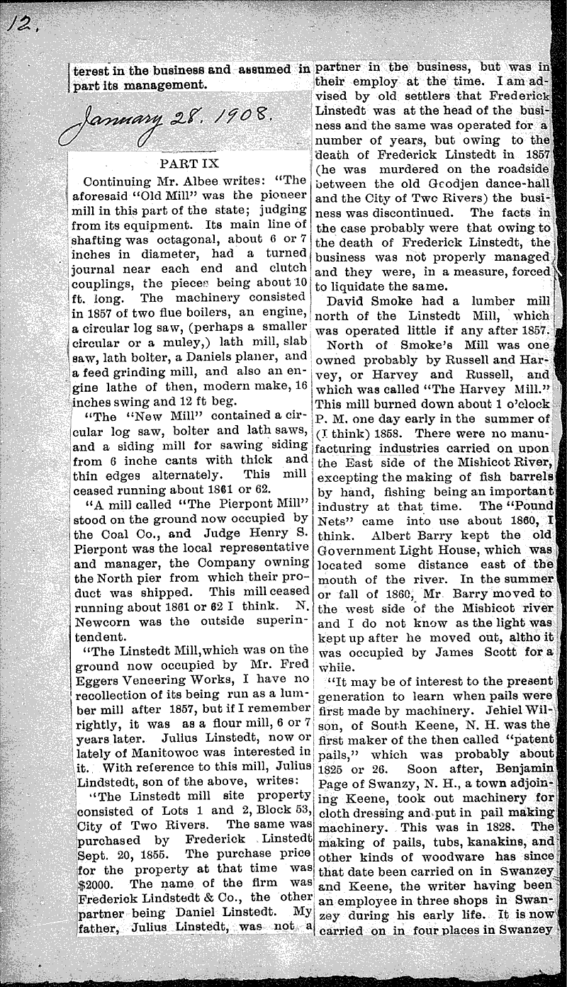 Early history of Two Rivers Newspaper Article/Clipping Wisconsin