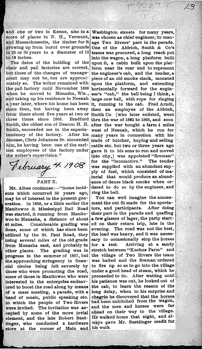 Early history of Two Rivers Newspaper Article/Clipping Wisconsin