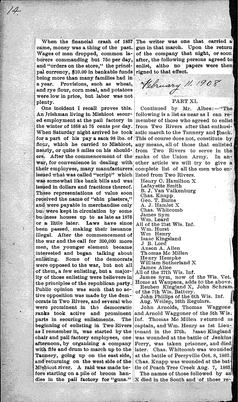 Early history of Two Rivers Newspaper Article/Clipping Wisconsin