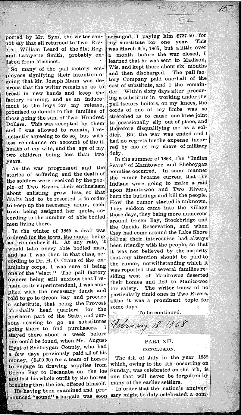 Early history of Two Rivers Newspaper Article/Clipping Wisconsin