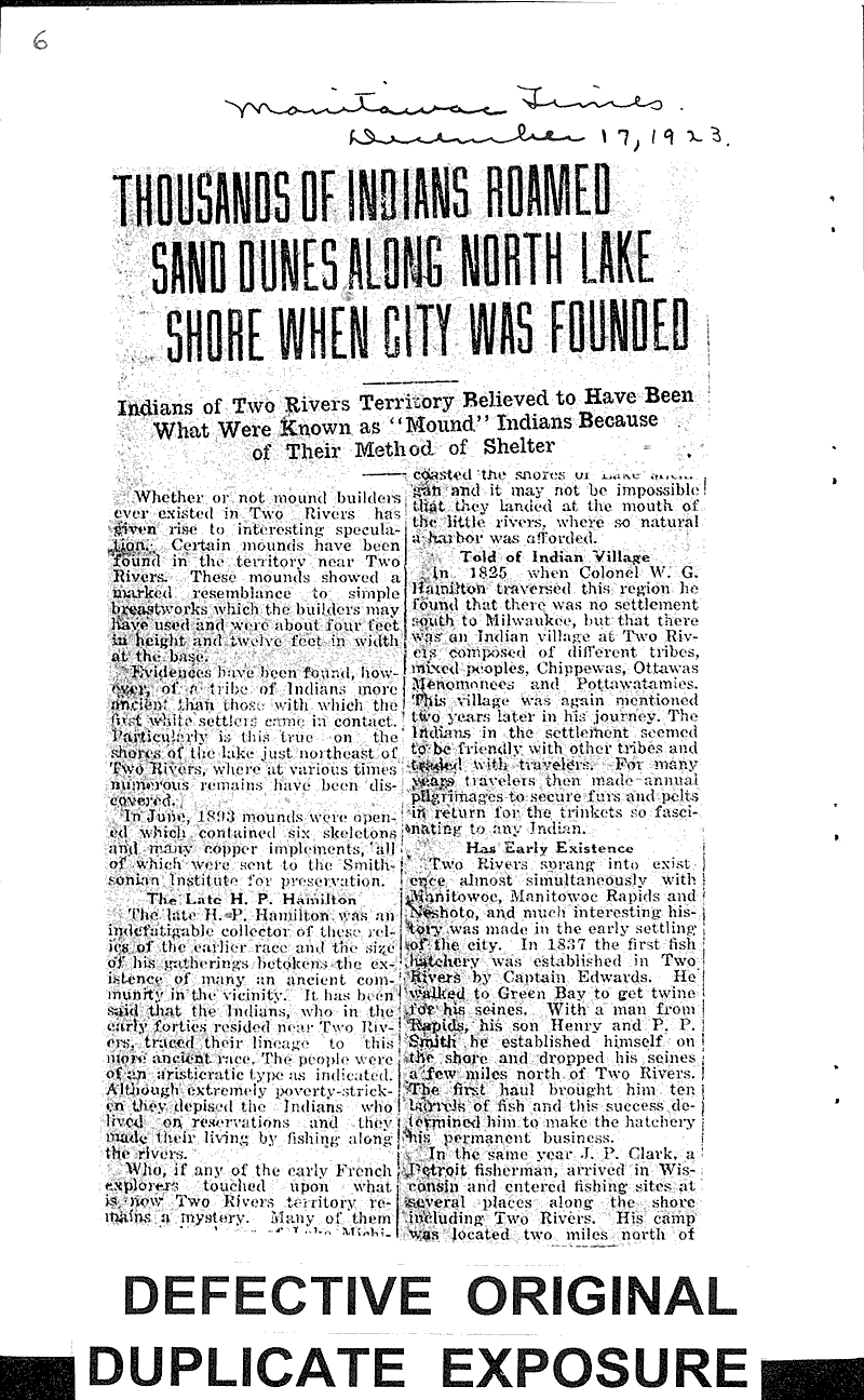 Thousands of Indians roamed sand dunes along north lake shore when city was founded Newspaper