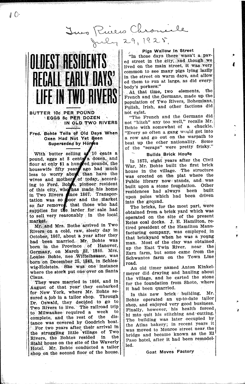 Oldest residents recall early days' life in Two Rivers Newspaper