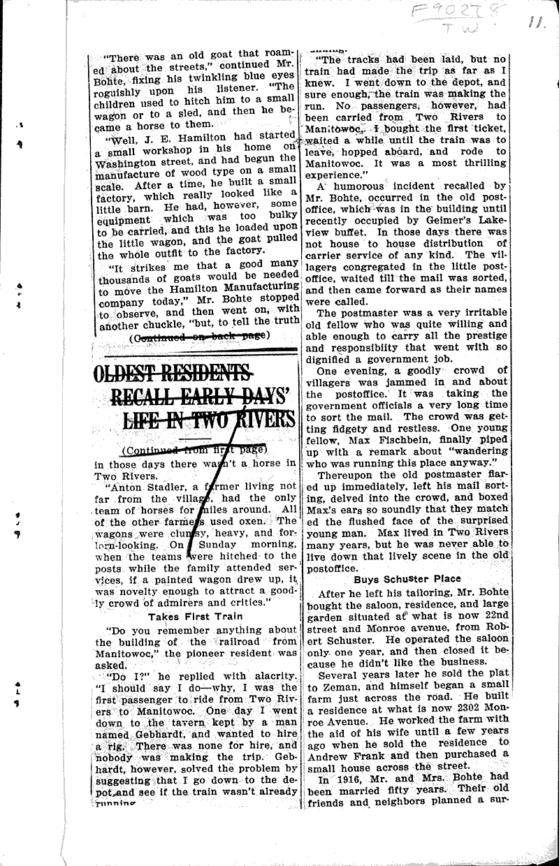 Oldest residents recall early days' life in Two Rivers Newspaper