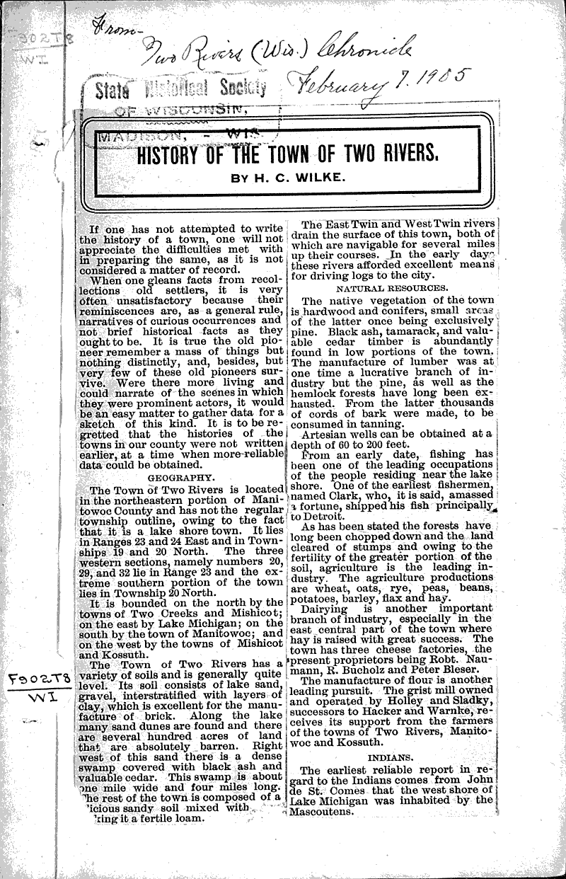  Source: Two Rivers Chronicle Topics: Transportation Date: 1905-02-07
