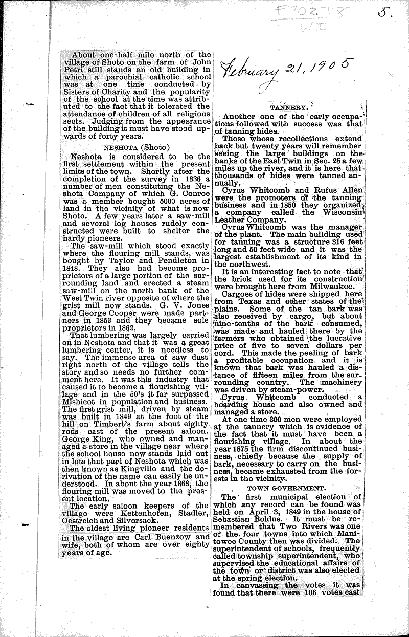  Source: Two Rivers Chronicle Topics: Transportation Date: 1905-02-07