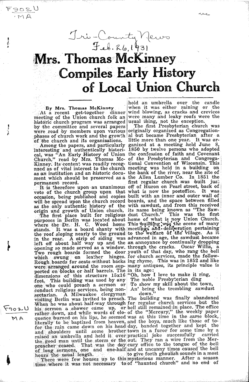  Source: Tri-County News Topics: Church History Date: 1931-02-26