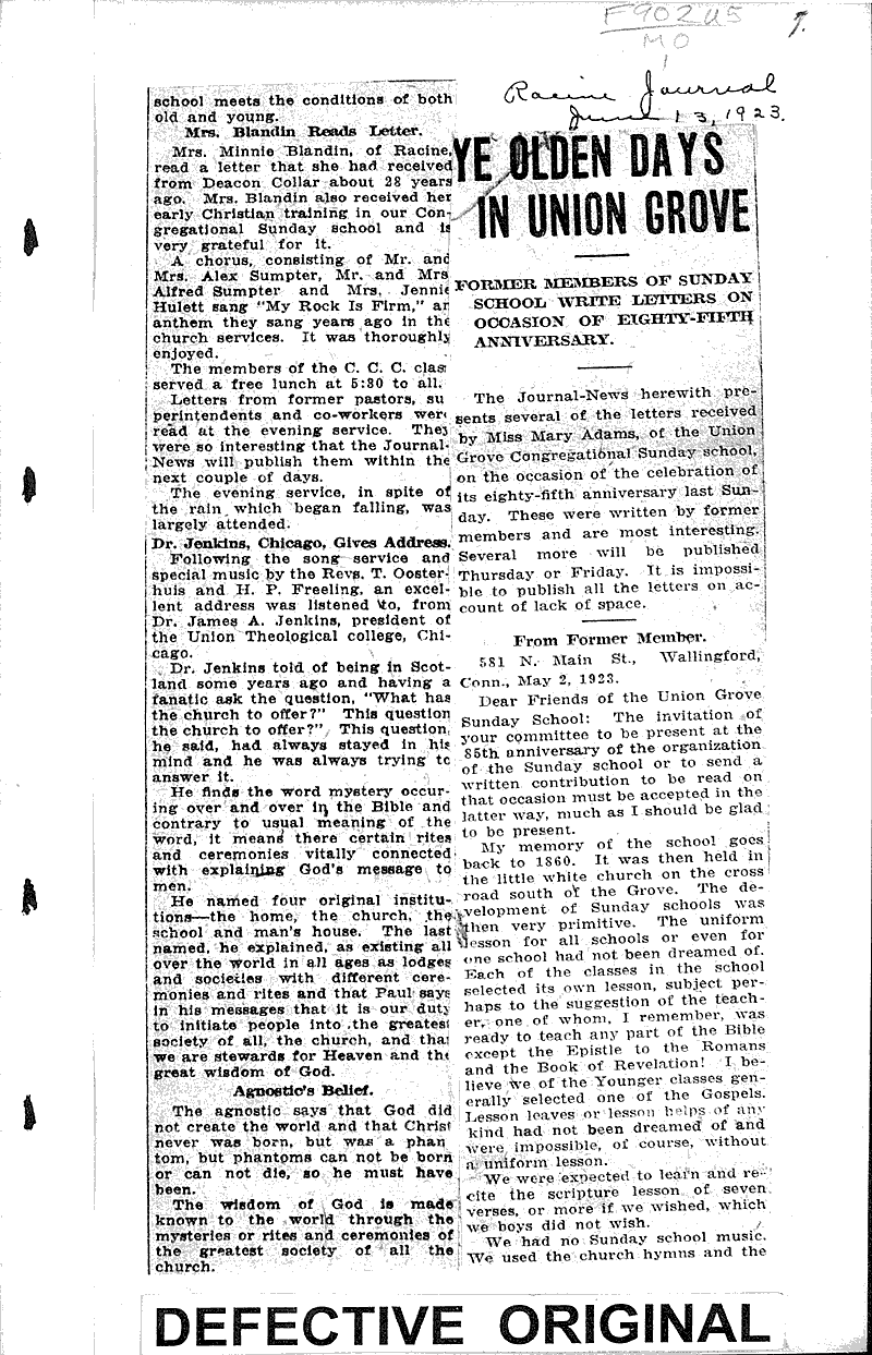 Union Grove congregational S.S.; its history from 18381923 Newspaper