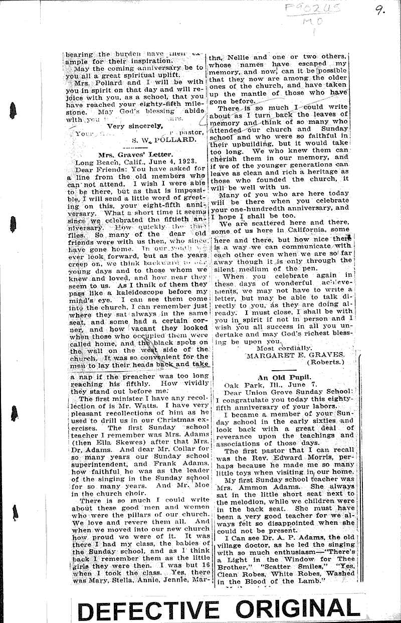 Union Grove congregational S.S.; its history from 18381923 Newspaper