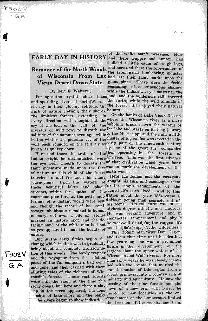 Early day in history Newspaper Article/Clipping Wisconsin