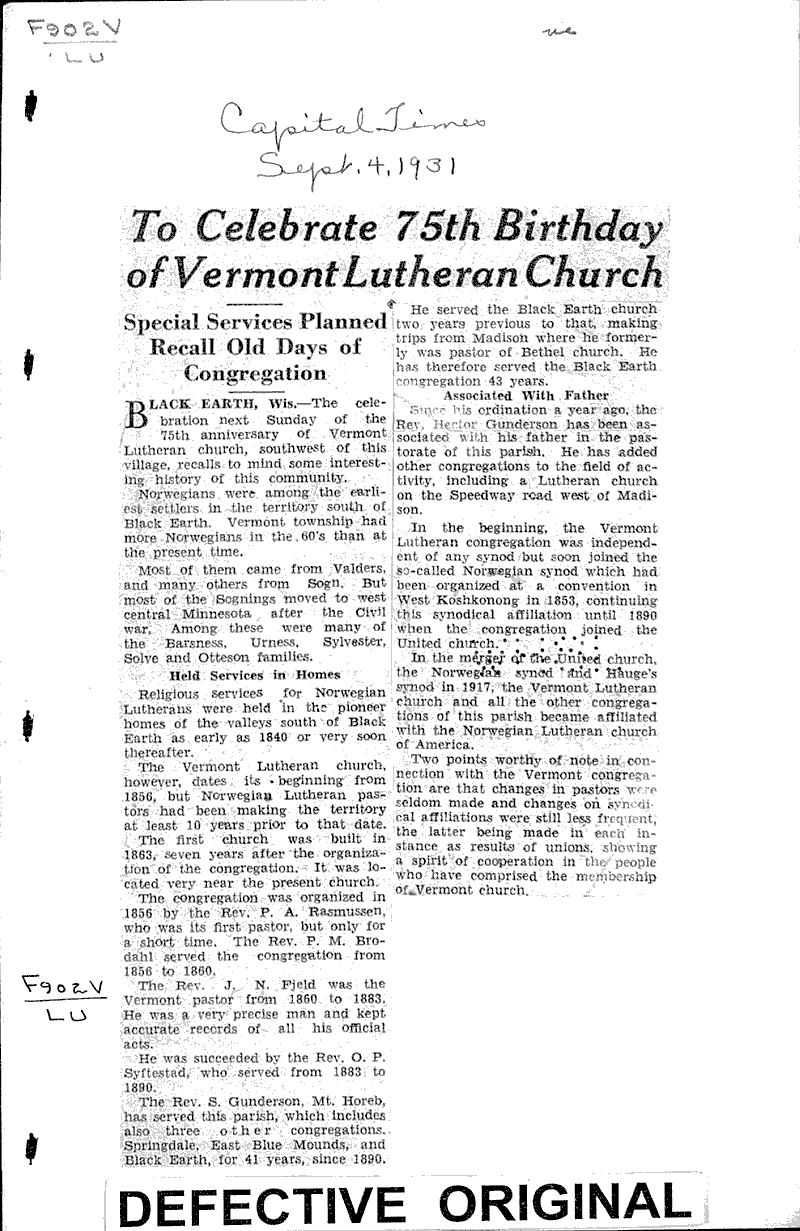  Source: Capital Times Topics: Church History Date: 1931-09-04