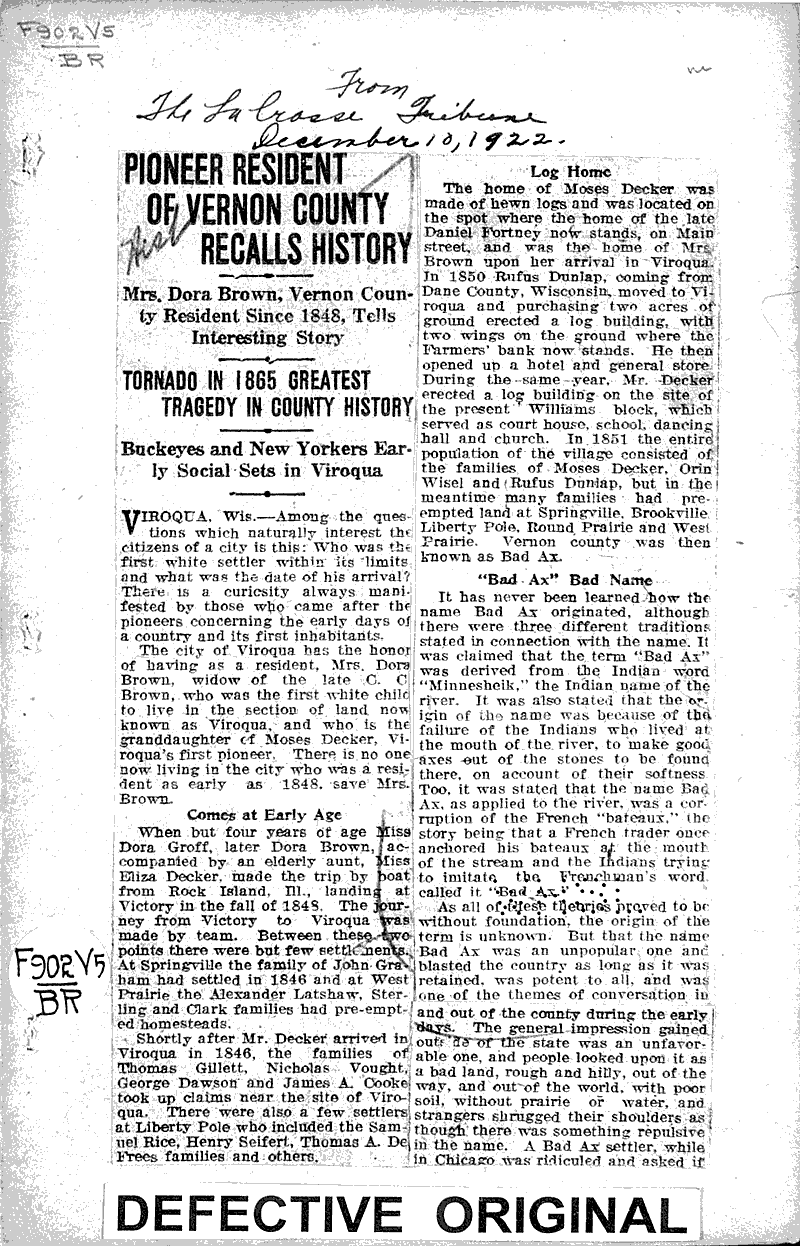 Pioneer resident of Vernon County recalls history Source: La Crosse Tribune Date: 1922-12-10