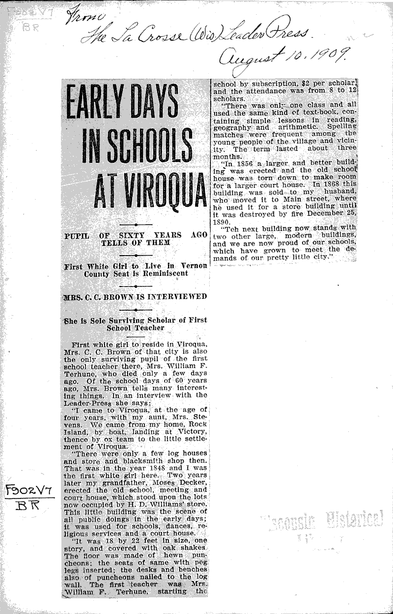  Source: La Crosse Leader - Press Topics: Education Date: 1909-08-10