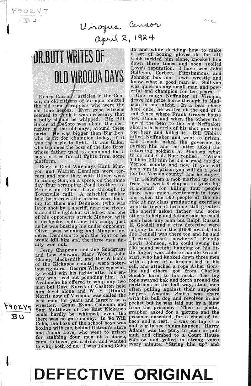 Dr. Butt writes of old Viroqua days Newspaper Article/Clipping