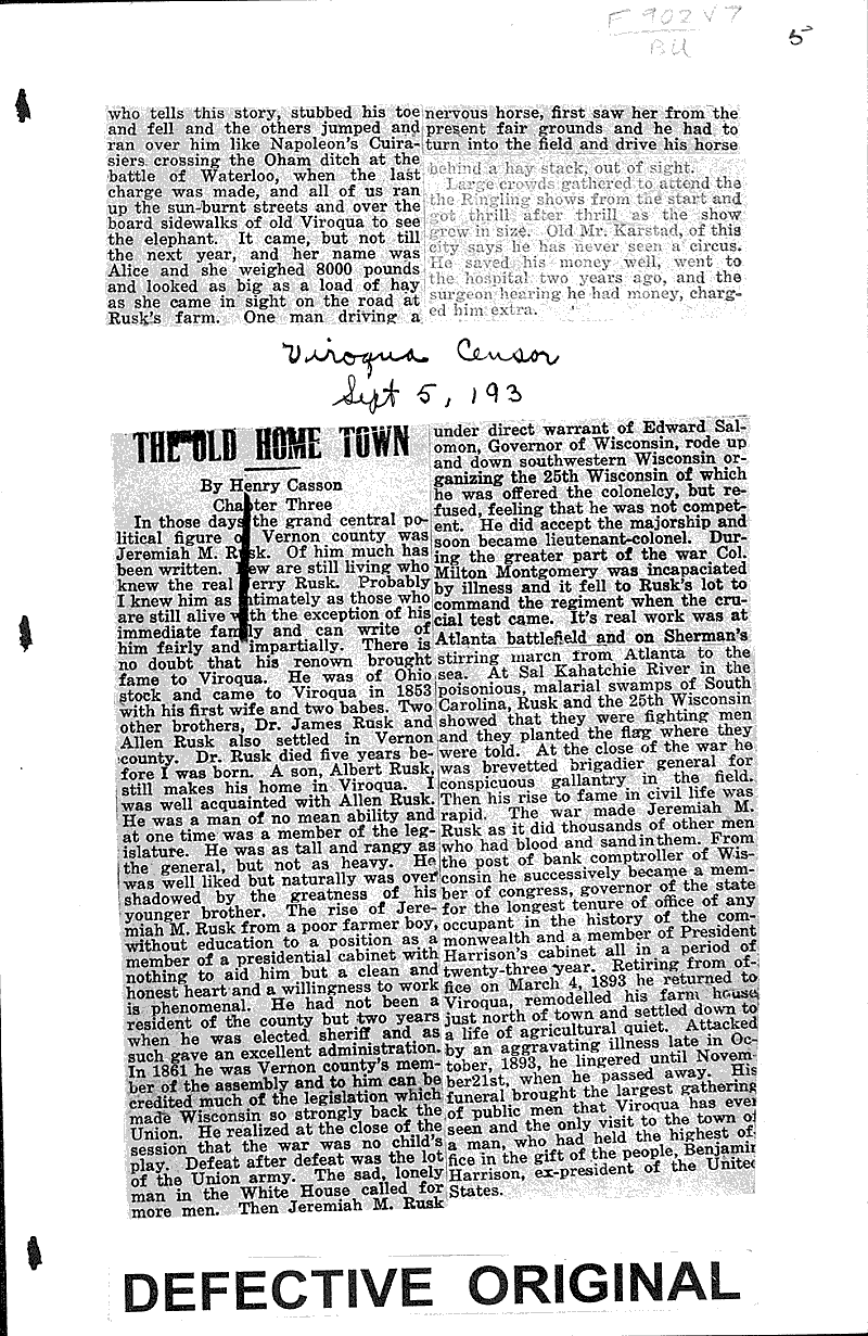 Dr. Butt writes of old Viroqua days Newspaper Article/Clipping