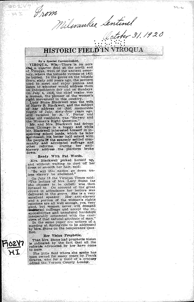 Historic field in Viroqua Newspaper Article/Clipping Wisconsin