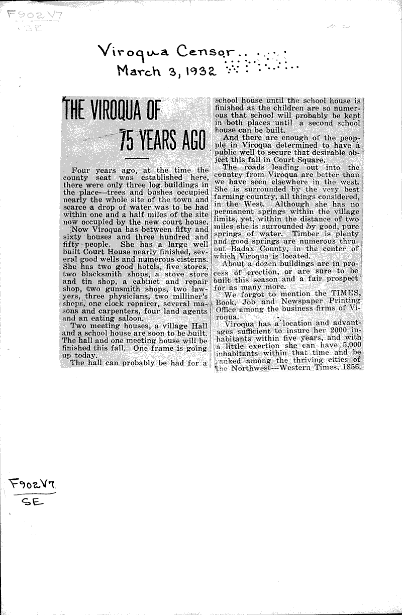 The Viroqua of 75 years ago Newspaper Article/Clipping Wisconsin