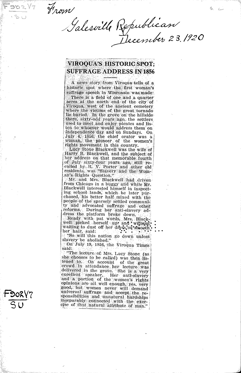 Viroqua's historic spot;; suffrage address in 1856 Newspaper Article