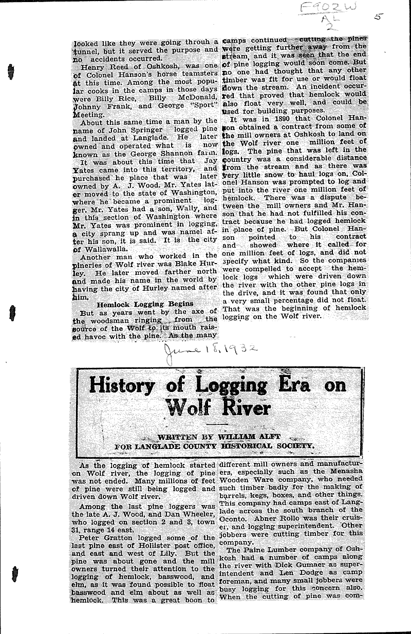 History of logging era on Wolf River Newspaper Article/Clipping