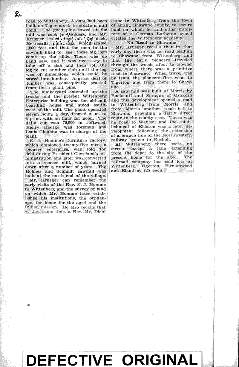 Wittenberg pioneer recalls early days when railroad came Newspaper