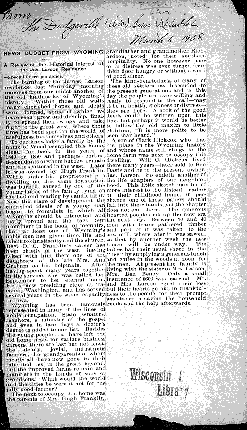 News budget from Wyoming Newspaper Article/Clipping Wisconsin