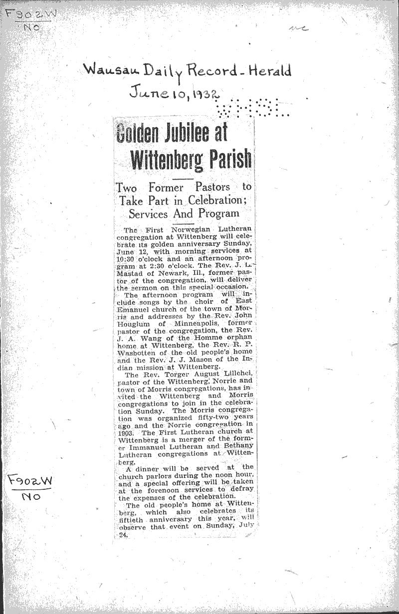 Golden jubile at Wittenberg parish Newspaper Article/Clipping