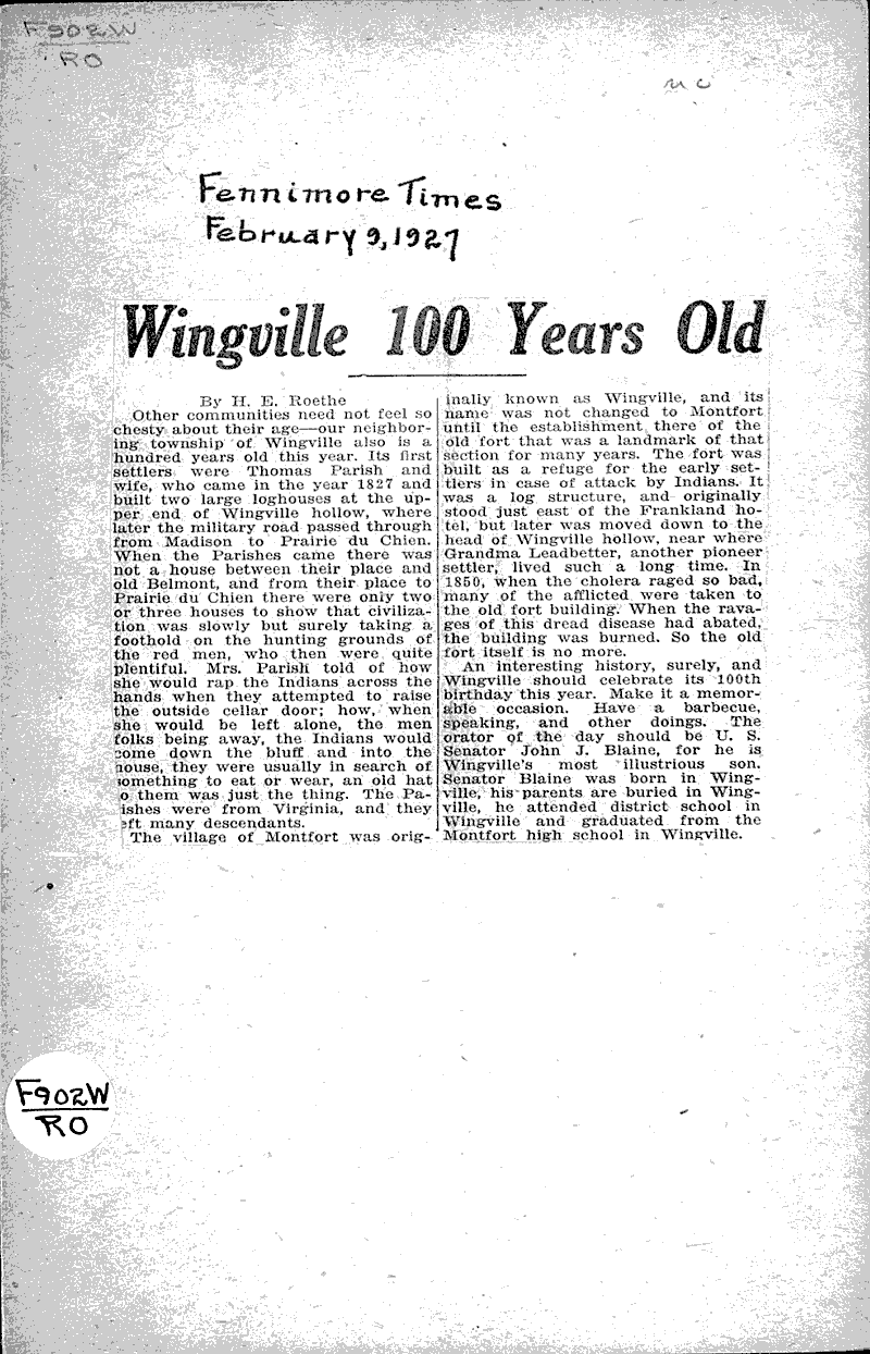 Wingville 100 years old Newspaper Article/Clipping Wisconsin