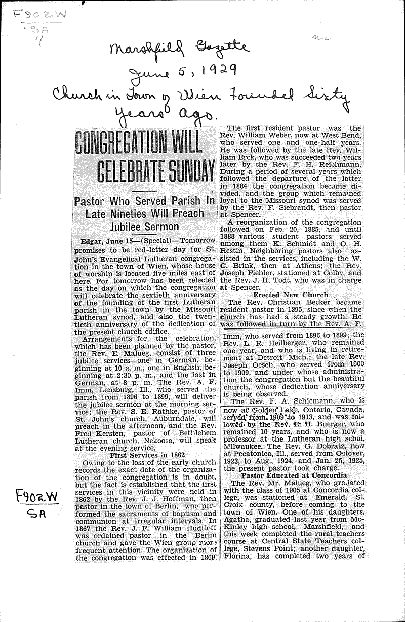  Source: Marshfield News-Herald Topics: Church History Date: 1929-06-05